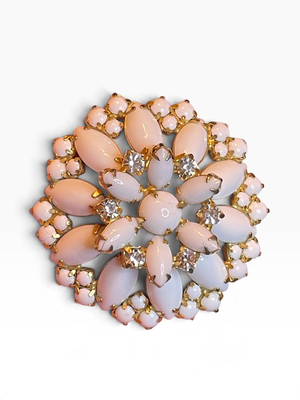 Vintage Gold-Tone Milk Glass Rhinestone Accented Cluster Brooch